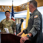 Air Force Gen. Mike Minihan, right, and Senior Airman Connor Runkle at the opening of Sean's Room at Joint Base McGuire-Dix-Lakehurst in October 2023